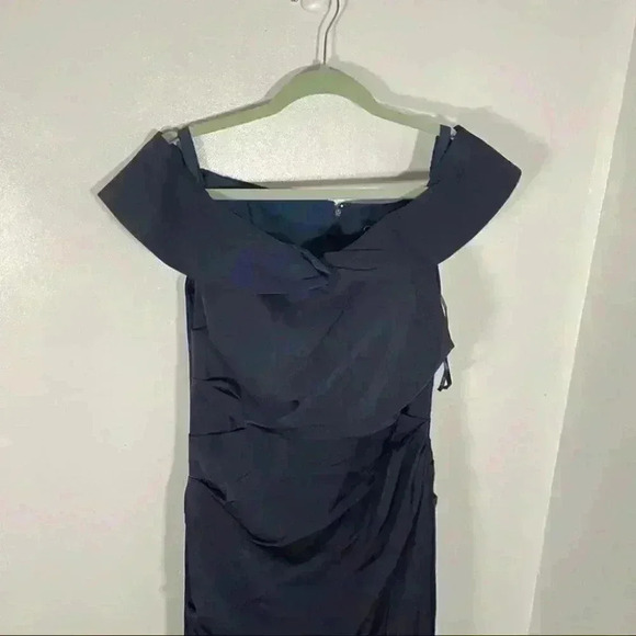 NEW La Femme Off Shoulder Ruched Satin Trumpet Gown - Picture 4 of 10